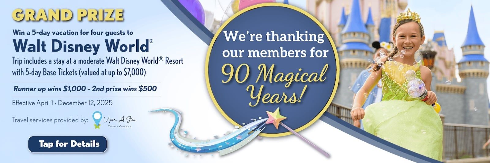 Win a 5-day vacation for four guests to Walt Disney World® Trip includes a stay at a moderate Walt Disney World® Resort with 5-day Base Tickets (valued at up to $7,000)